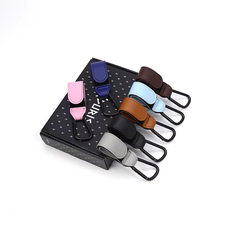 PU Leather Baby Stroller Hook - 360 Degree Rotatable Cart Organizer Accessory (Set of 1 or 2)