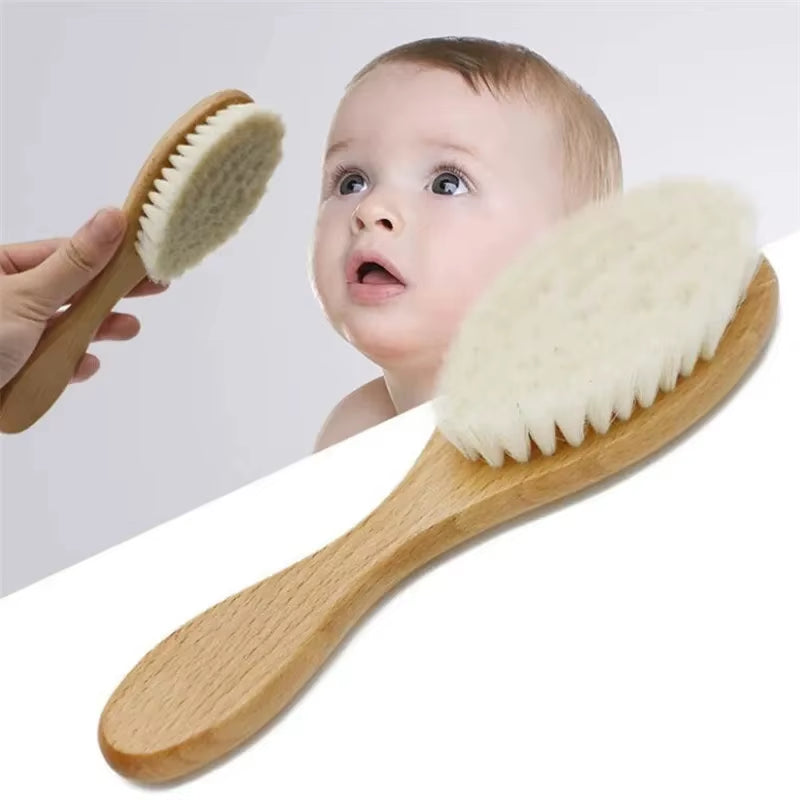 Natural Wooden Baby Hairbrush and Comb Set with Wool Brush - Ideal Infant Head Massager and Bath Brush for Newborns, Perfect Gift for Birth or Baptism Celebrations