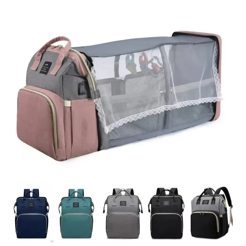 Ultimate Folding Mommy Bag: Portable Crib Bed & Stylish Diaper Backpack for Active Moms