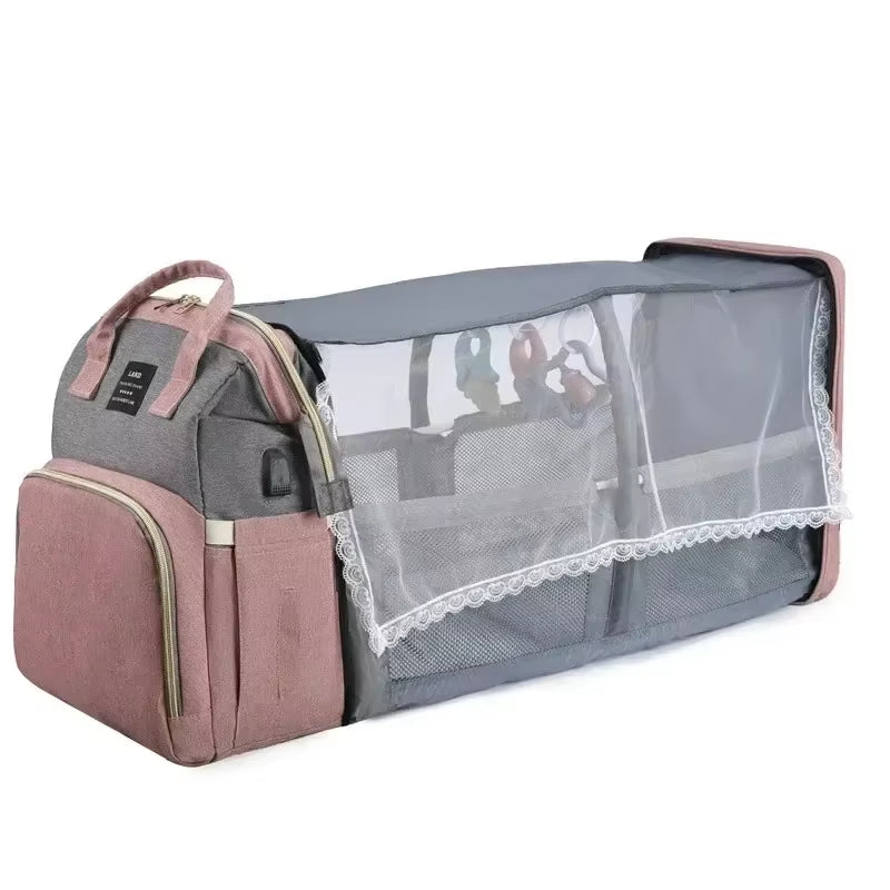Ultimate Folding Mommy Bag: Portable Crib Bed & Stylish Diaper Backpack for Active Moms