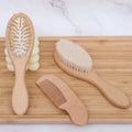 Natural Wooden Baby Hairbrush and Comb Set with Wool Brush - Ideal Infant Head Massager and Bath Brush for Newborns, Perfect Gift for Birth or Baptism Celebrations