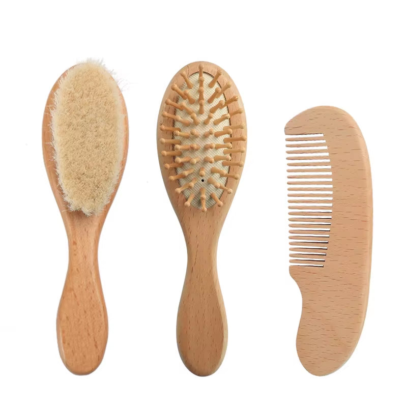 Natural Wooden Baby Hairbrush and Comb Set with Wool Brush - Ideal Infant Head Massager and Bath Brush for Newborns, Perfect Gift for Birth or Baptism Celebrations