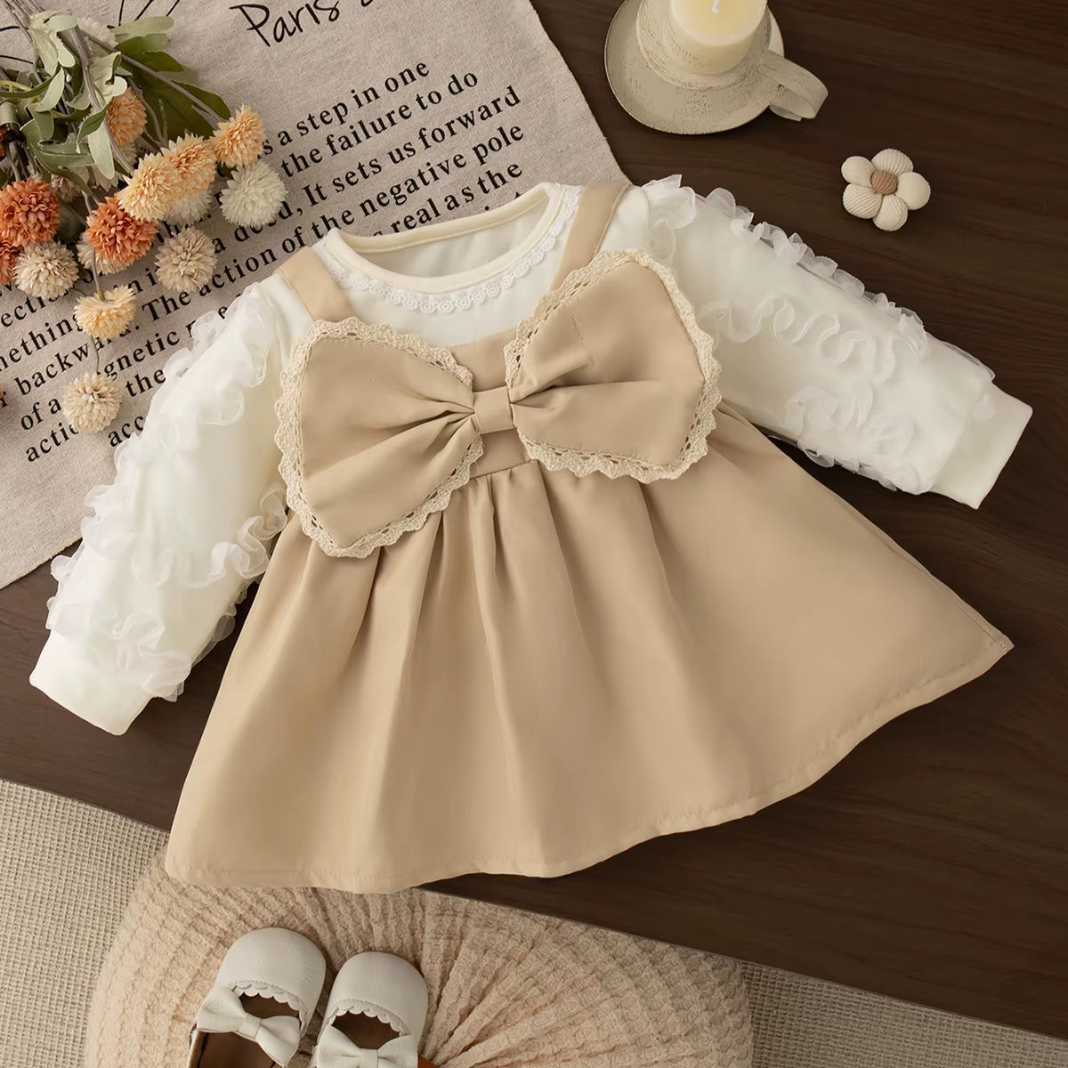 Autumn Collection: Elegant Bow Dress for Baby Girls, Long Sleeved Organza Apparel for Ages 6-24 Months